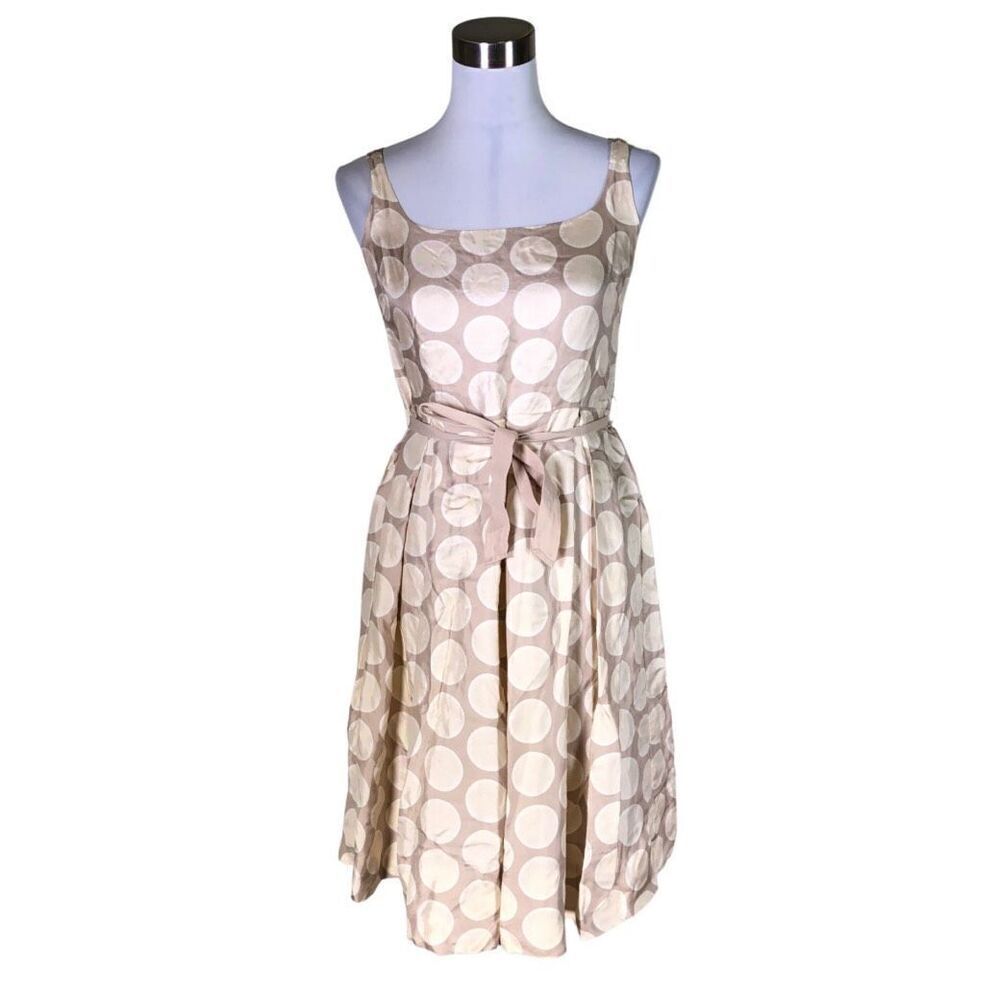 Vintage Nougat London Tan & Beige Polka Dot 100% Silk Dress With Tie Back Size 1